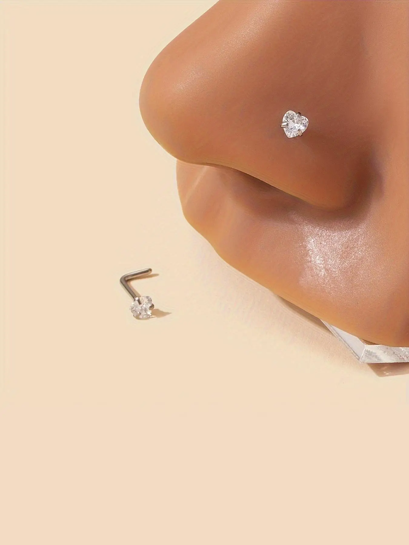 Summer Rhinestone Decor Heart Design L-shaped Nose Studs, Nose Piercing Jewelry, Daily Back To School