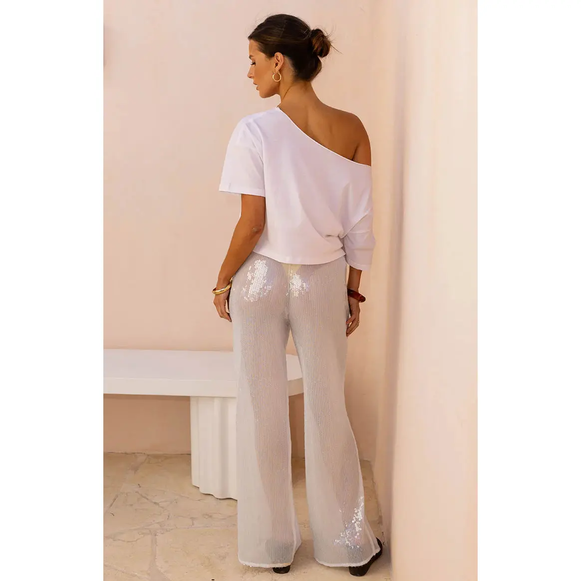 Cordelia White Sequin Wide Leg Pants