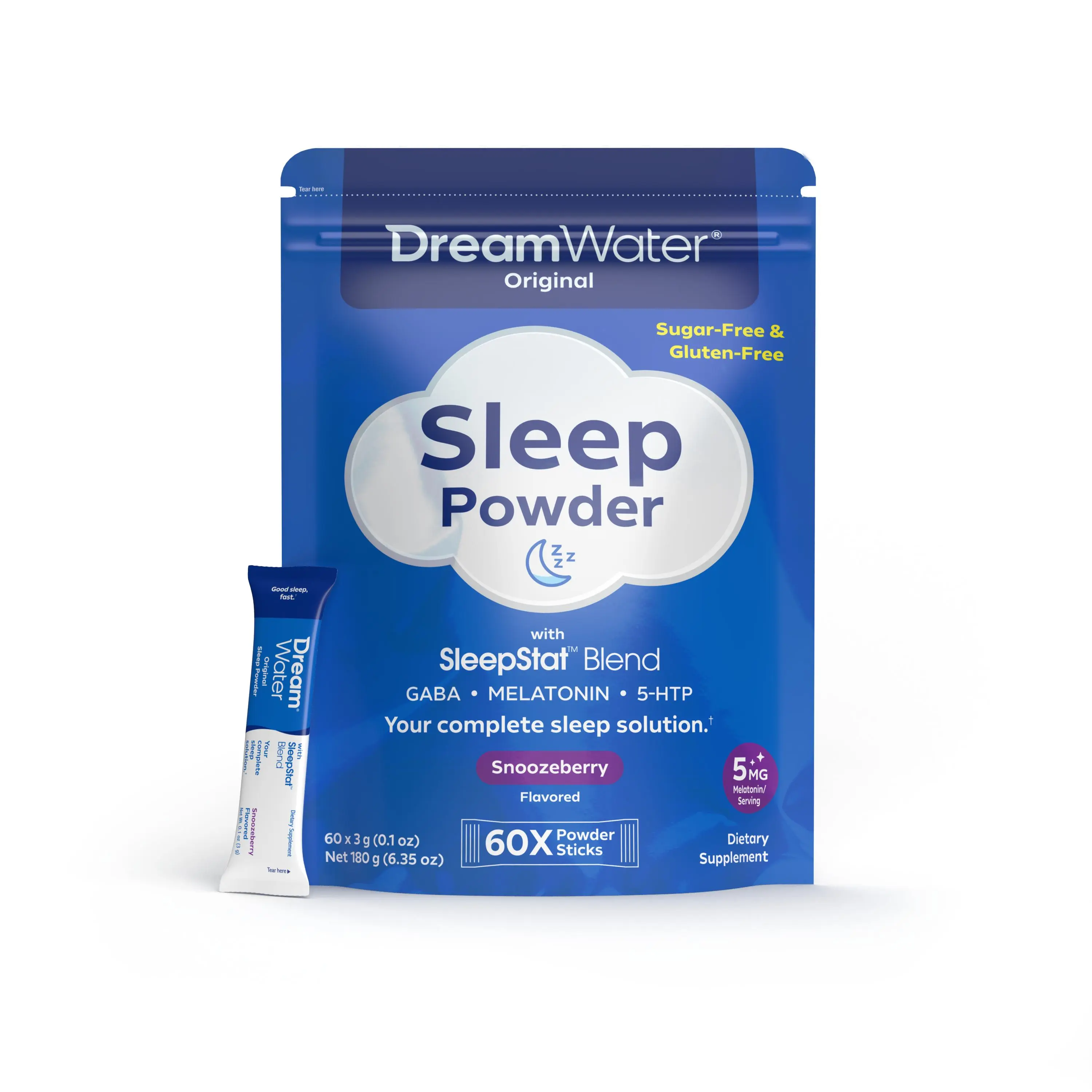 Dream Water Original Sleep Powder Drink Mix, 5mg Melatonin with GABA & 5-HTP SleepStat Blend, Sugar-Free Nighttime Sleep Support Powder for Adults, Snoozeberry Flavor, 60 Stick Packs