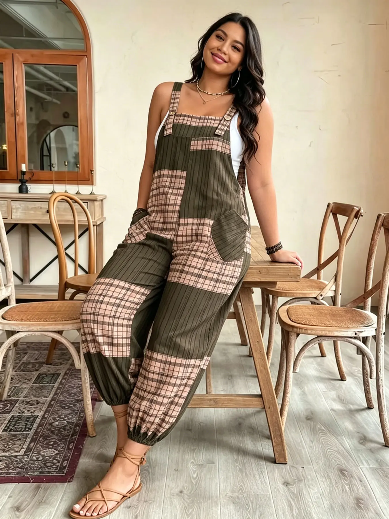 Plus size women's fashionable versatile color-block double-pocket cuffed overalls, suitable for summer, daily commuting, casual wear, and vacation