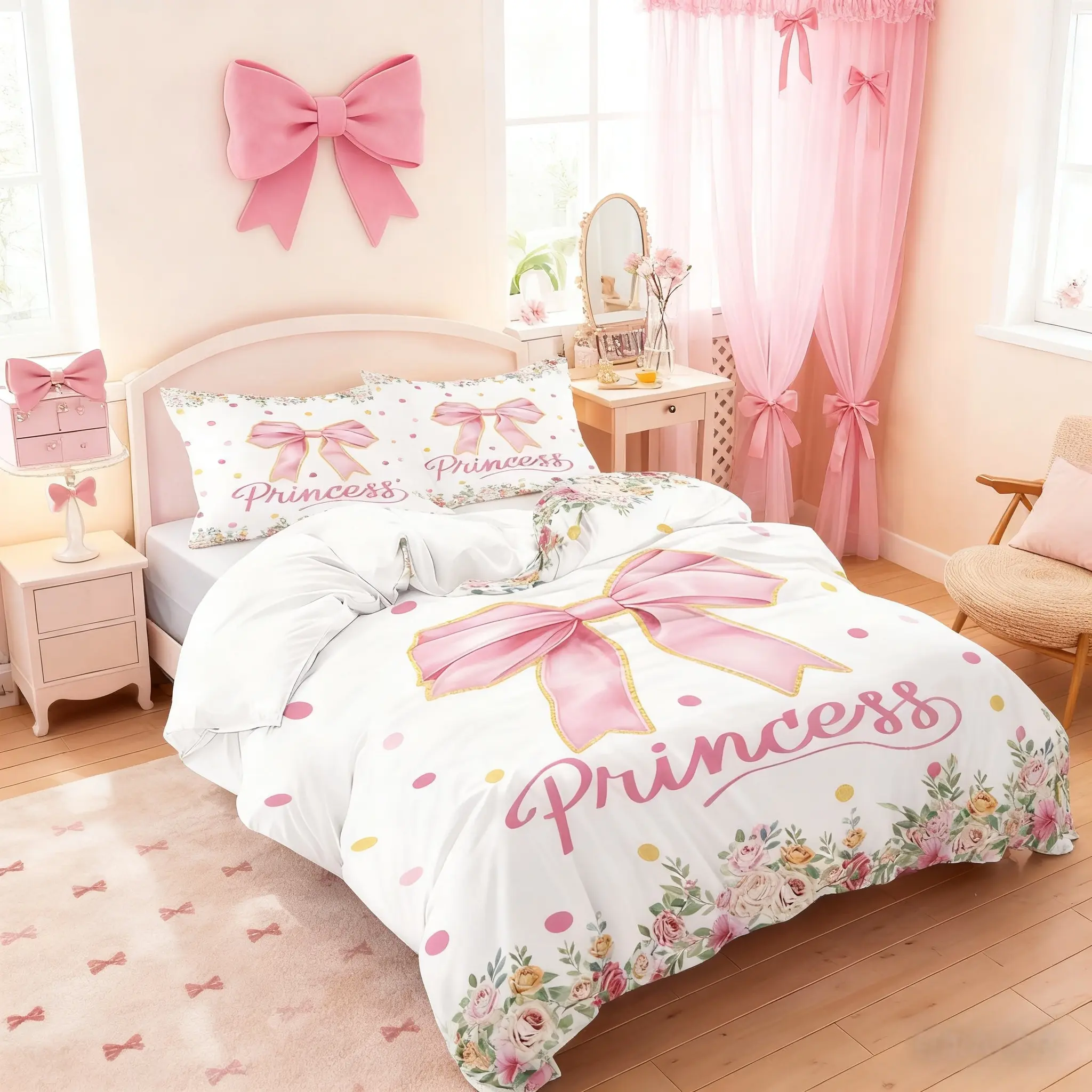 The 3-piece set includes 1 duvet cover and 2 pillowcases (without padding), princess wave point, bow and floral rose pattern printed bedding set, soft and comfortable for all seasons, perfect for children's and adult rooms and gift options