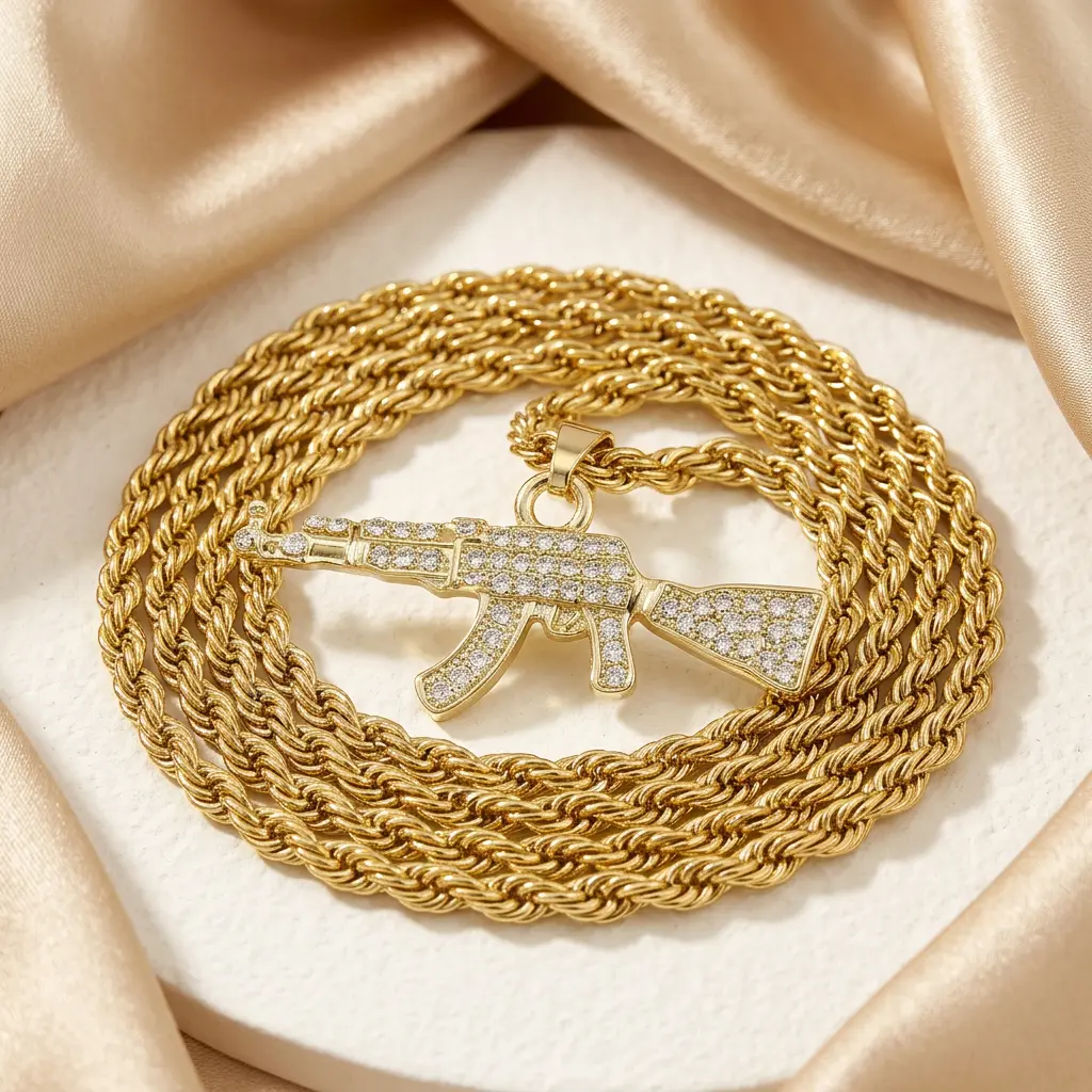 Iced Mini Gun Pendant with 3mm Rope Chain 24"