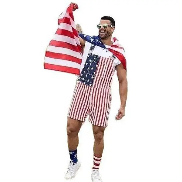 Men's American Flag Overalls - Minimalist, Elegant, Lightweight, Breathable, Wrinkle-Free, Knot-Accent Patriotic Festive Clothes for 4th of July, Special Occasion Costumes, Athletic Streetwear, Size M, Spring