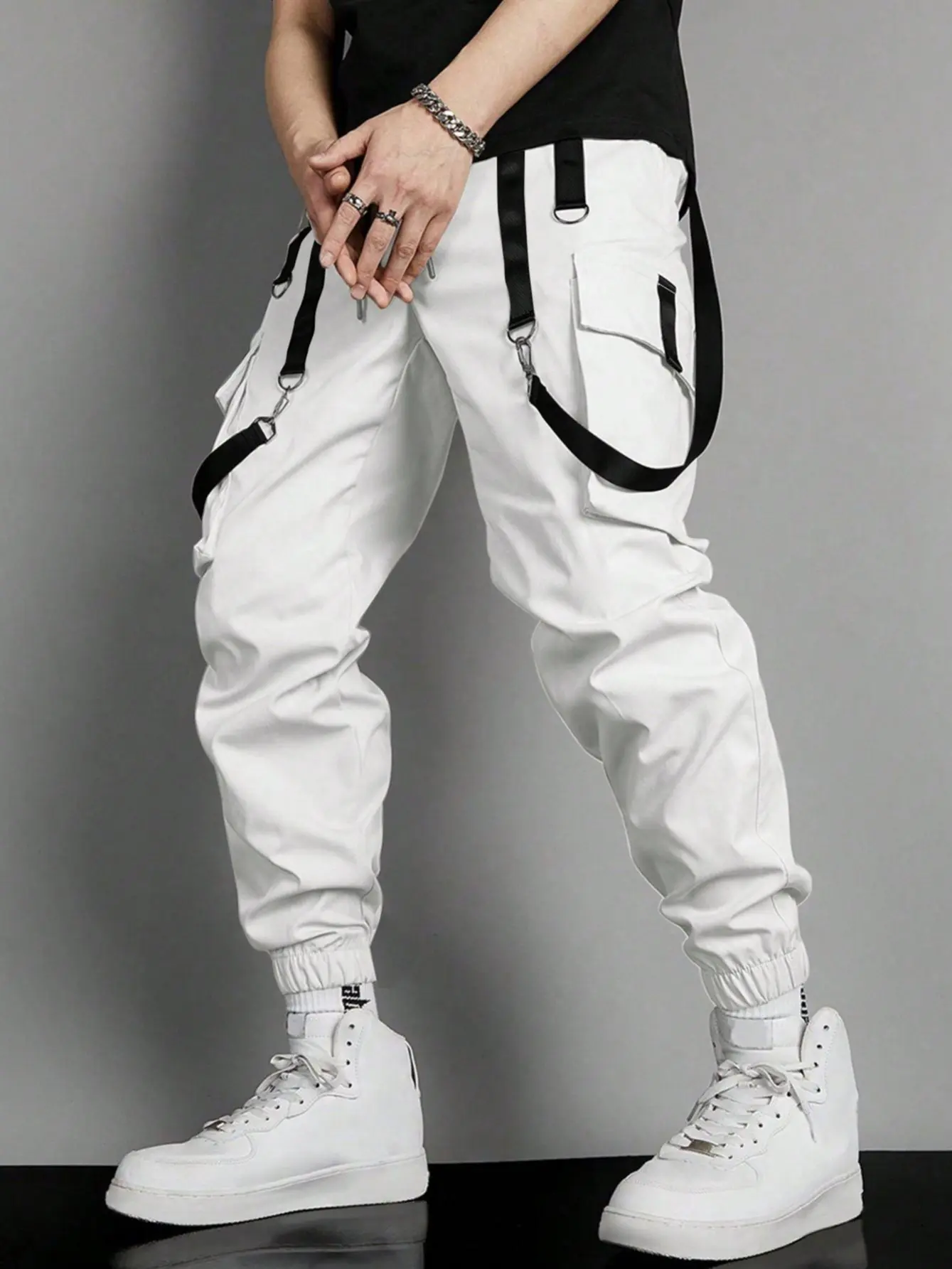 White Techwear Cargo Pants | Streetwear Strappy Bottoms