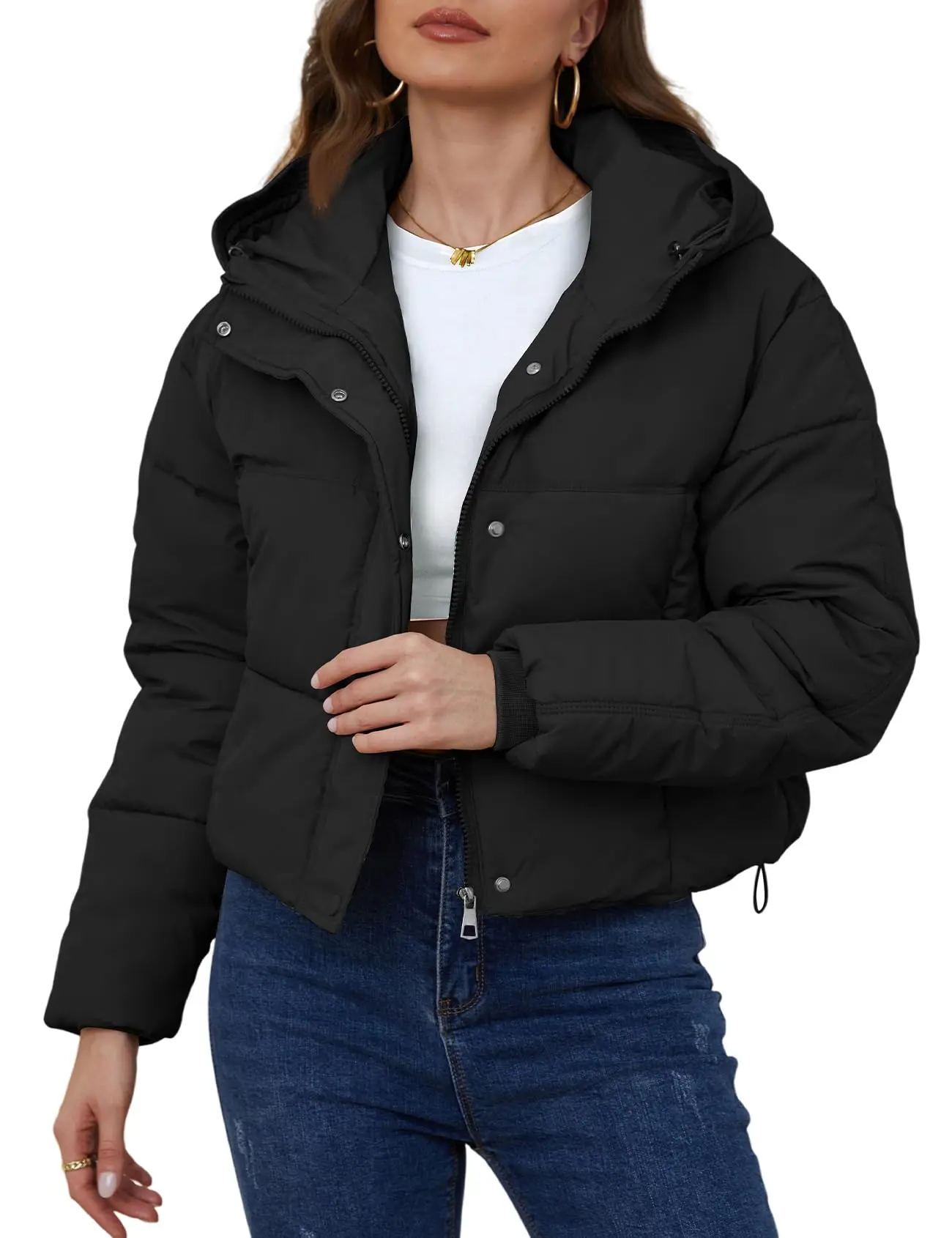 Yimoon Womens Winter Cropped Puffer Jacket Hooded Zip Up Short Warm Quilted Puffer Coat Outerwear Fabric Fits