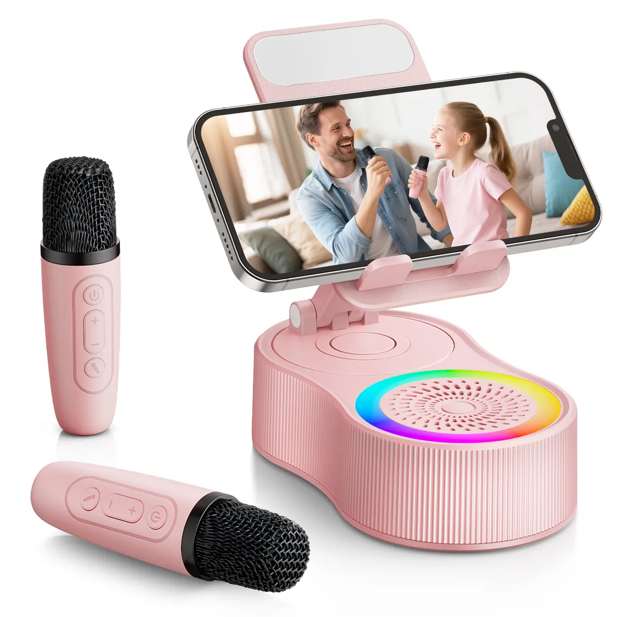 LIEXAS Pink Karaoke Machine with Phone Stand - Bluetooth Speaker, 2 Wireless Mics, LED Lights, Foldable Design, 1500mAh Battery, 8 Hours Playtime, Ideal for Holidays, Birthdays, Home Use