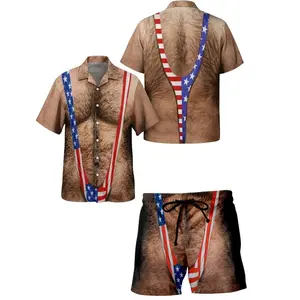 Funny Patriotic Hawaiian Shirt & Mesh Shorts Set, American Flag Suspender Print, 4th of July Independence Day Outfit for Men
