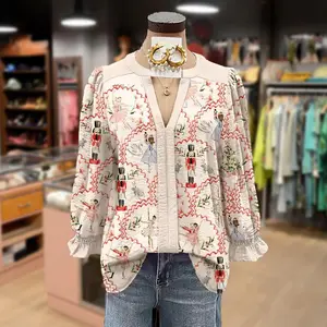 Cherrybetty Christmas Nutcracker Print V-Neck Cuffed Sleeve Top for Women — Cute Fall Outfits, Going-Out Dresses/Shirts, Western Style
