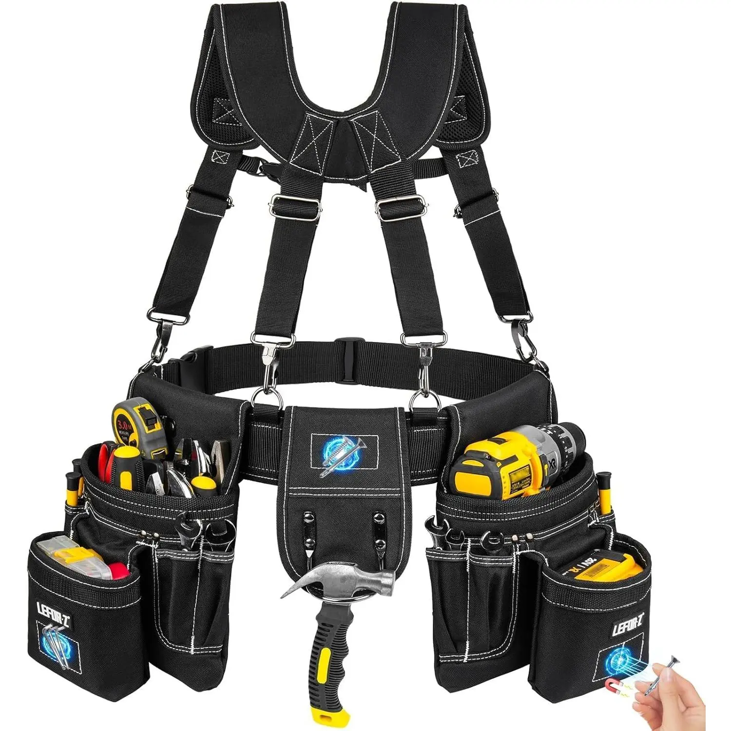 Tool Belt with Suspenders,27-Pockets Heavy Duty Tool Belts for Men with  Tool Pouch,Detachable & Adjustable Work Belt Bag for Electrician,Carpenter,Construction,Utility Toolbelt,Black