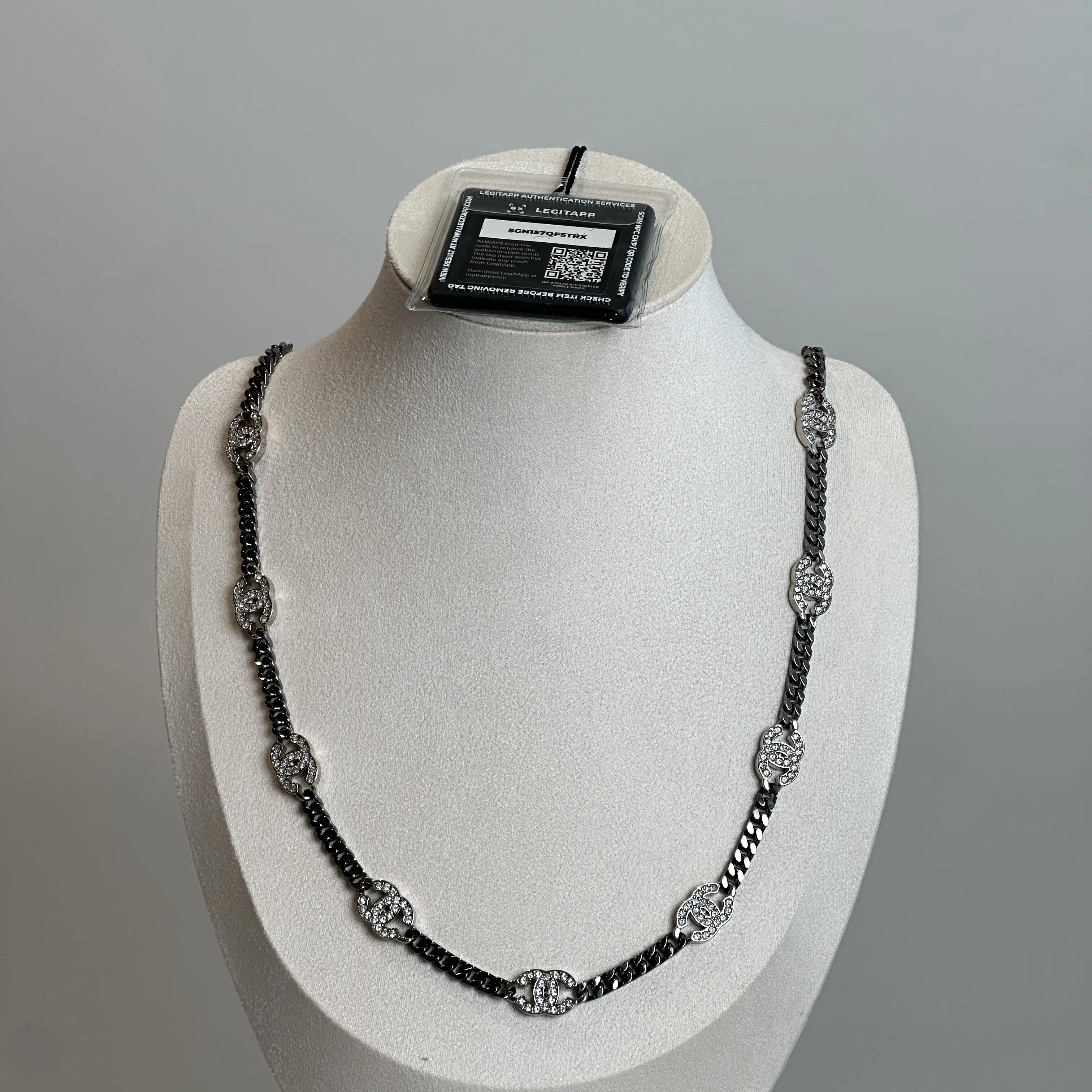 Pre-owned Chanel Double C Pavé Crystal Gunmetal Long Necklace 18899407