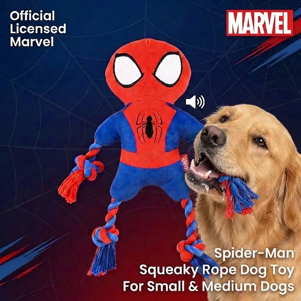 Marvel Officially Licensed Spider-Man Squeaky Rope Dog Toy, Cute Interactive Pet Toy for Small & Medium Dogs, Fun Play Accessory