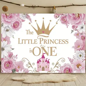1 piece of little princess party banner - featuring a pink floral design with a golden crown and castle, on a polyester photo background, suitable for birthday decorations, wall hanging, and room decoration - all-season girls' party supplies,