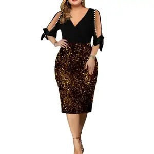 2025 women's V neck personalized sequin design plus size dress temperament elegant slim dress
