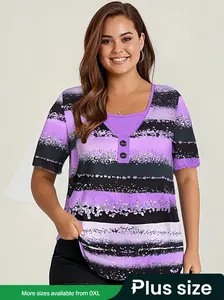 【Plus Size】 Colorful Striped Print V Neck Tee, Casual Short Sleeve T-shirt for Spring & Summer, Women's Plus Clothing for Daily Wear, Top