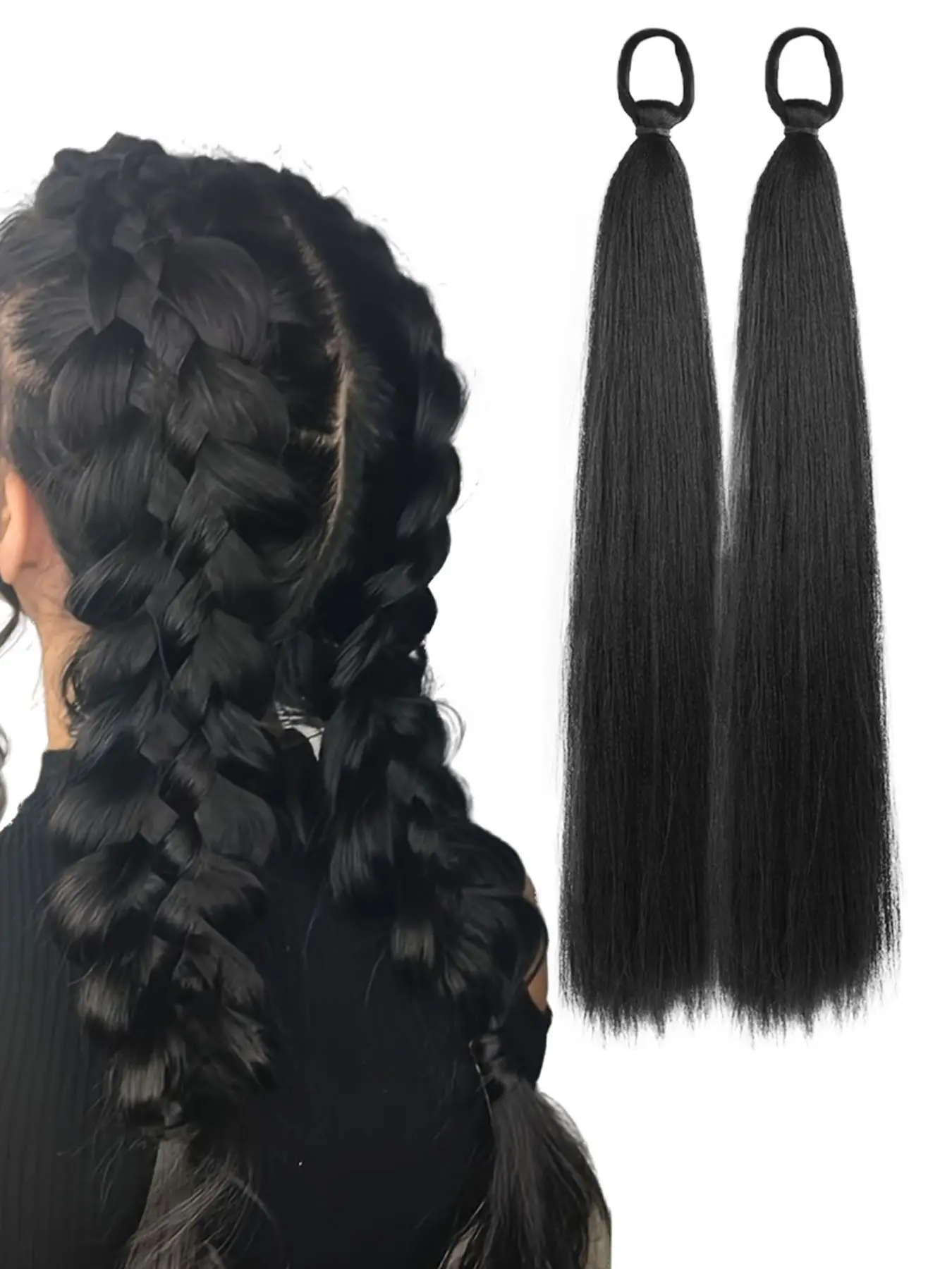 2 Piece Long Straight Ponytail Extensions with Elastic Band, Synthetic Extensions, Synthetic Fiber Extensions, Synthetic Braiding Hair, Synthetic Soft Hairpieces, DIY Braided Hairpiece, Loop Braid, Braids Ponytail Extension, Suitable for Women Girls