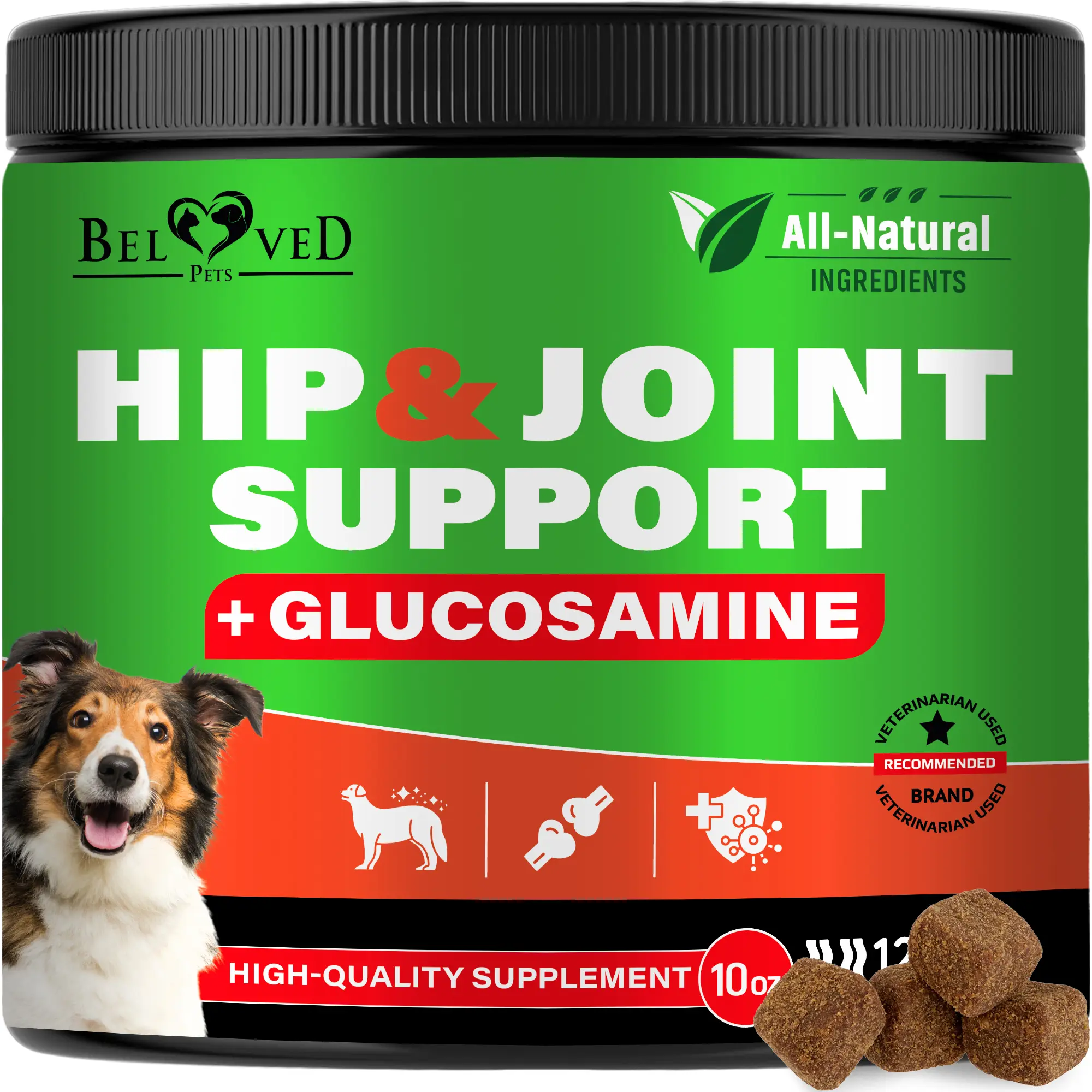 Beloved Pets All-Natural Canine Nutritional Supplement Hip-Joint Support Chews with Glucosamine, Turmeric, Anti-Inflammatory Pain Relief for All Dogs, 300g (10oz) Bottle - Daily Wellness, Single Item