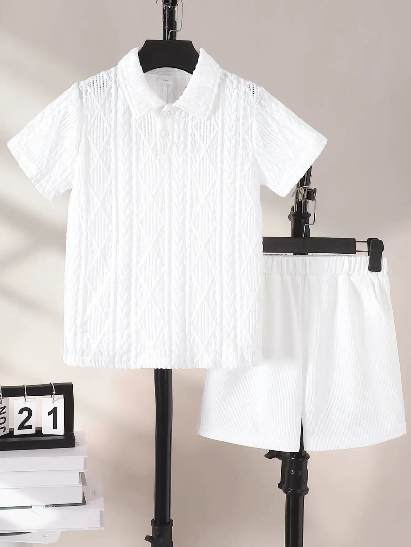 Ready Stock Kid Boys Knitted Jacquard Polo Collar Short Sleeve Tops & Waffle Stretch Waist Shorts Set 2Pcs Summer Clothing From 7-15Y Christian White