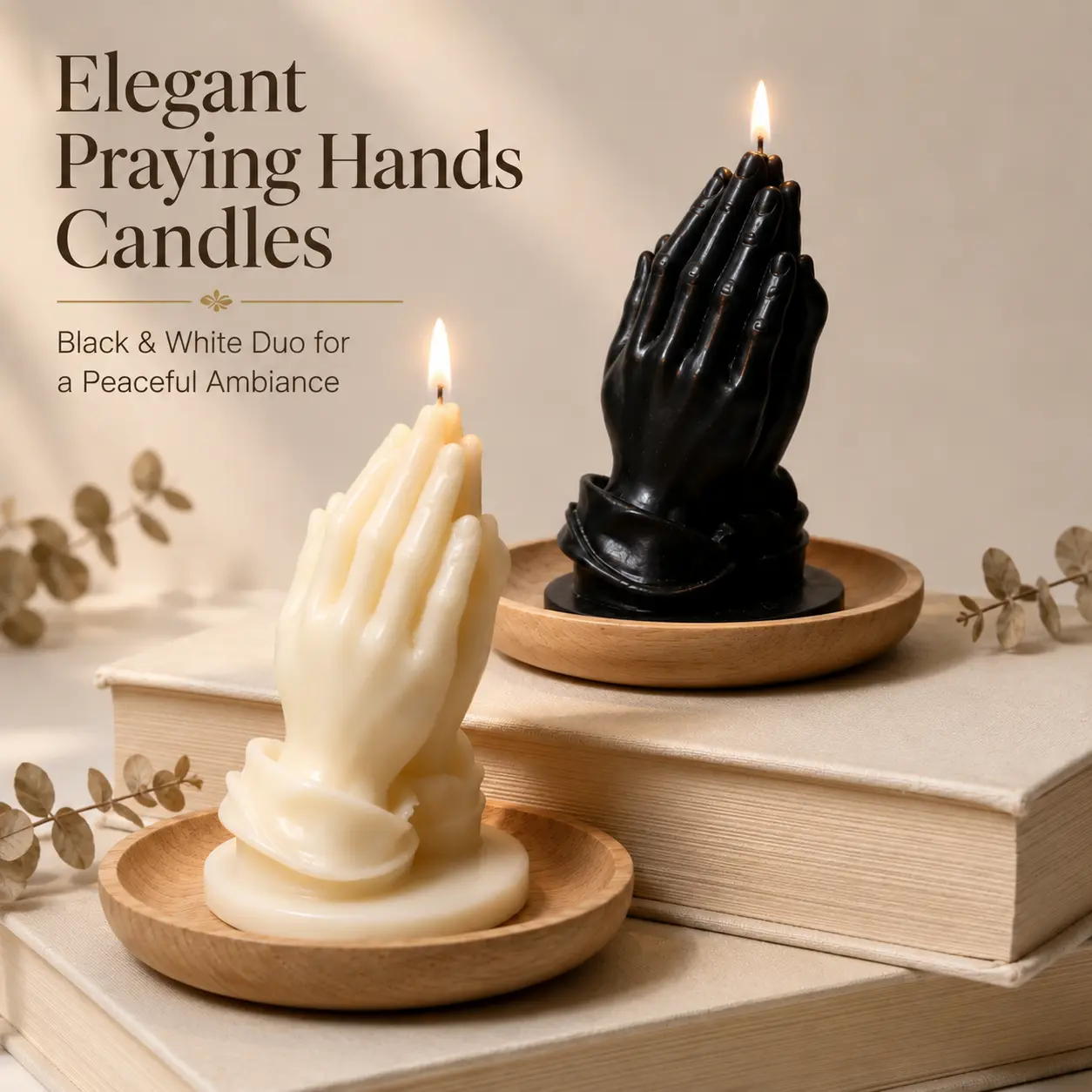 2-Piece Praying Hands Candle Set, Black & Ivory Sculptural Candles, Gothic Aesthetic Home Decor, Meditation Table Accent, Unique Housewarming Gift