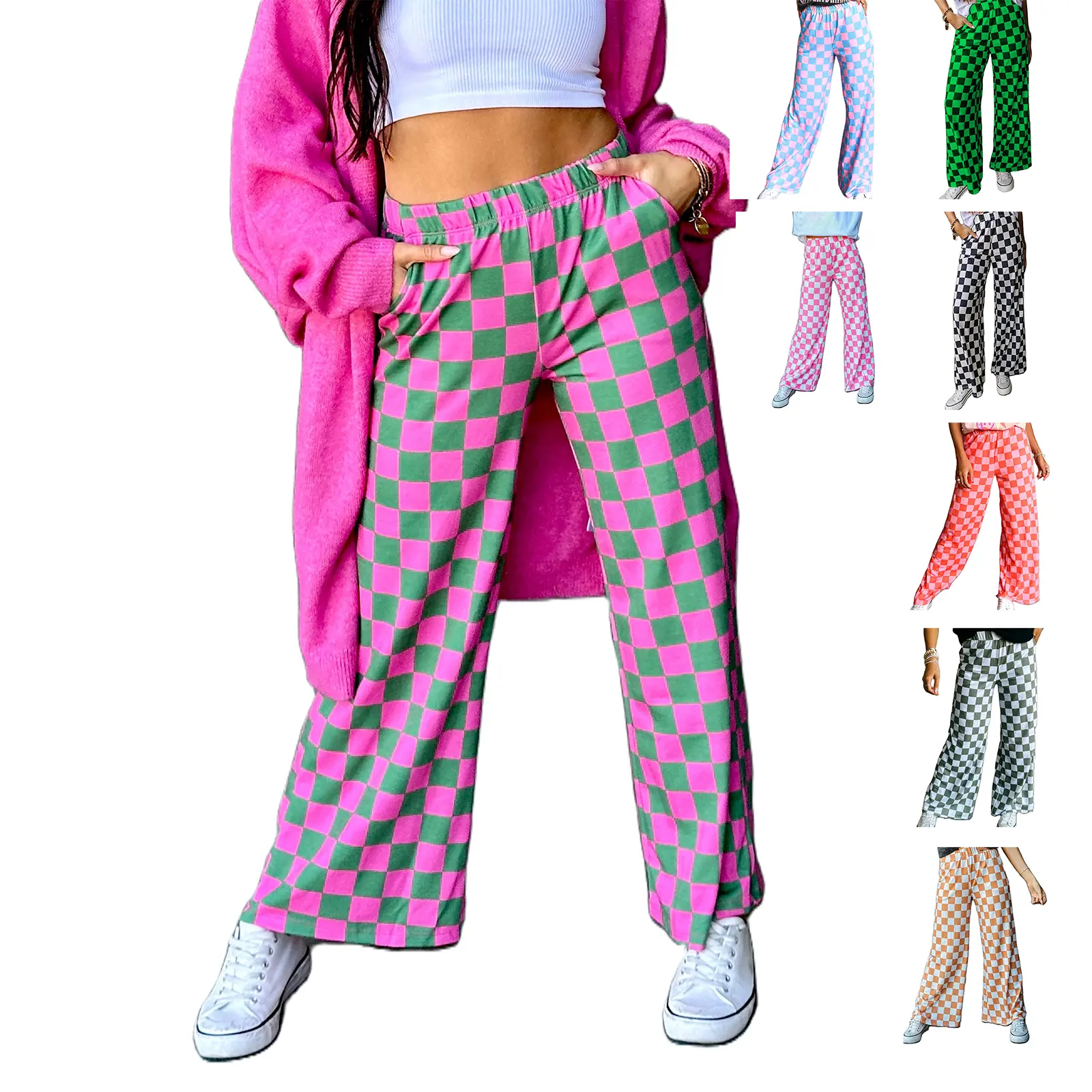 Women's Polyester Light Checkerboard Wide-Leg Pants - Elastic Waist, Loose-Fitting Casual Bottoms for Spring, Summer