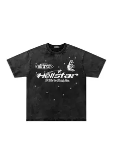 American Vintage Dark Street Style T-Shirt, Washed Tie-Dye Star Flame Pattern, Unisex Summer Fashion, Casual Short Sleeve Top Relaxed Fit Streetwear