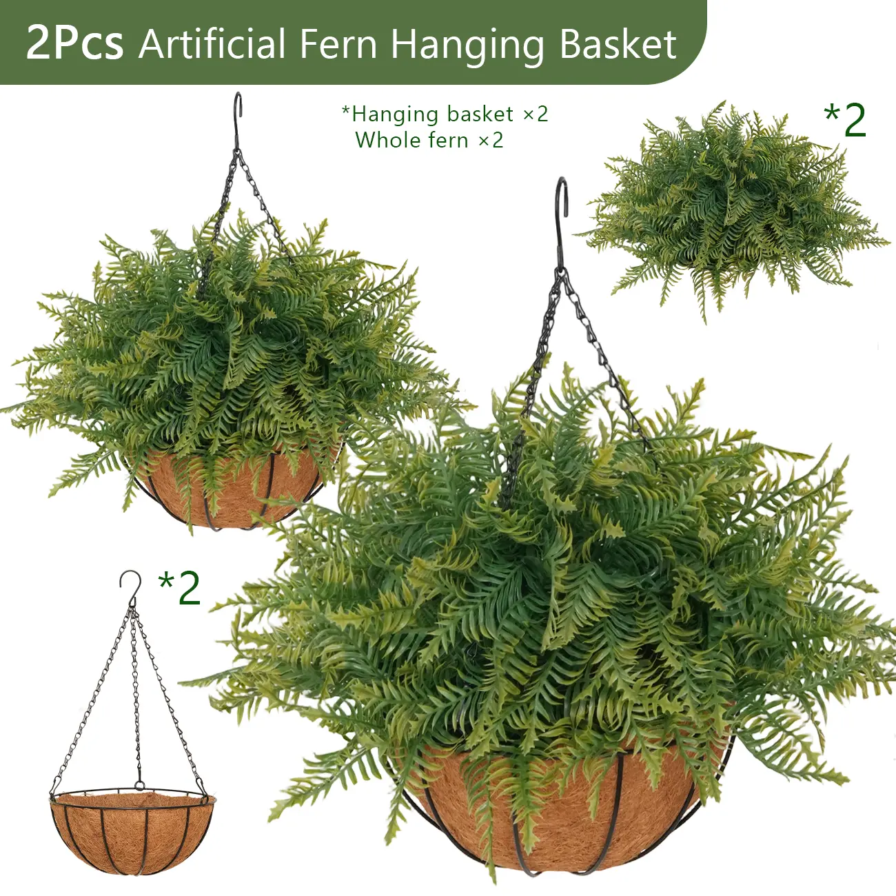 Ready to Hang & No Assembly! 2 Pack UV-Resistant Outdoor Indoor Hanging Flower Baskets, Lifelike Artificial Fern, Low Maintenance Greenery Decor for Porch, Patio, Garden