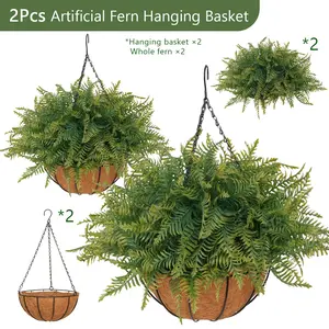 Ready to Hang & No Assembly! 2 Pack UV-Resistant Outdoor Indoor Hanging Flower Baskets, Lifelike Artificial Fern, Low Maintenance Greenery Decor for Porch, Patio, Garden