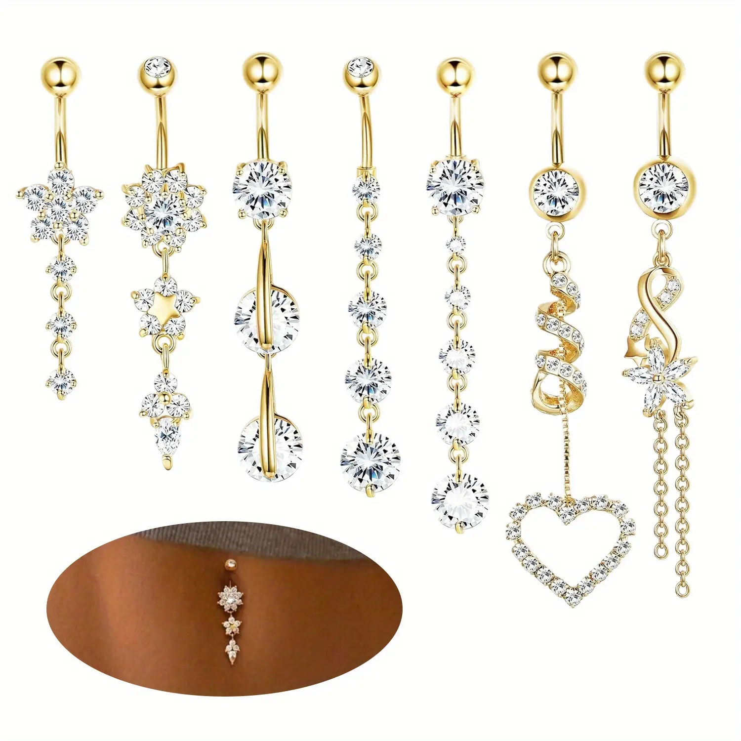Piercings Jewelry Set for Women, 7-Piece Assorted Dangle Navel Barbells, Harmless Skin Safe Body Jewelry Accessory, 14 Gauge with Unscrew Top Ball, Belly Button Rings, Stainless Steel Jewelry