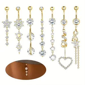 7PCS Women's Belly Button Rings Dangle Surgical Steel Navel Ring Barbell Golden for Body Piercing Jewelry