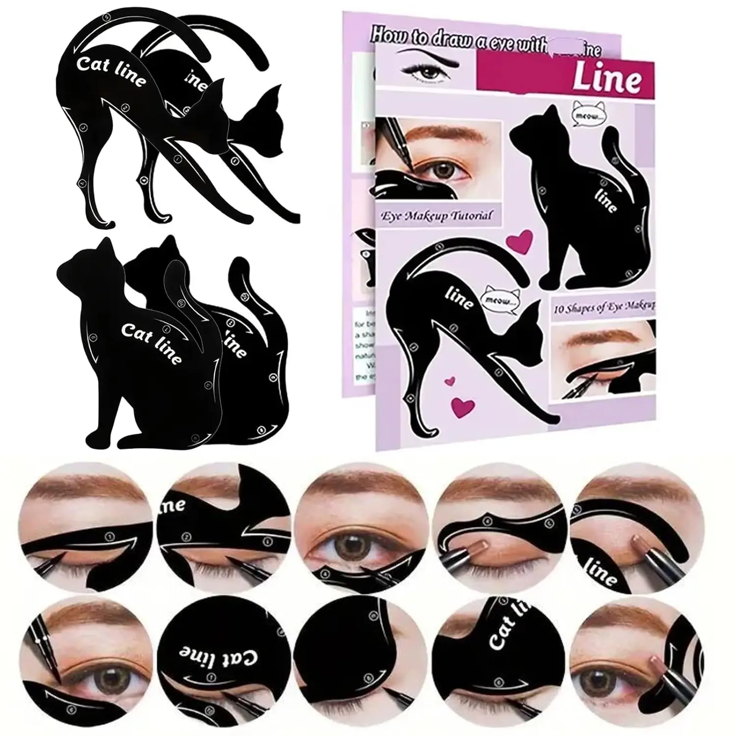 Reusable 4-Piece Cat Eyeliner Stencil Kit - 10 Winged Look Shapes, Time-Saving Makeup Tutorial Tool for Beginners & Girls, Ideal Gift for Friends & Family, DIY Beauty Guide, Cosmetic