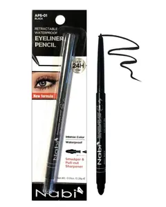 Nabi Waterproof Glide Eyeliner Pencil Black - Smudge-Proof 24H Long Lasting with Smudger & Sharpener