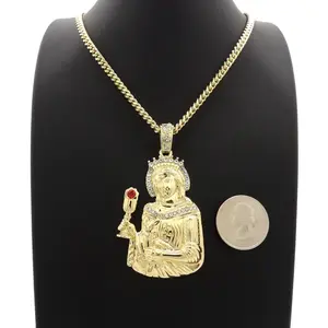 MaxBling81 Gold Plated Hiphop Statement Necklace - 4mm 18"-24" Brass Cuban Chain with Santa Barbara Pendant, Unisex Fashion Jewelry for Durability Longevity, Goldplated