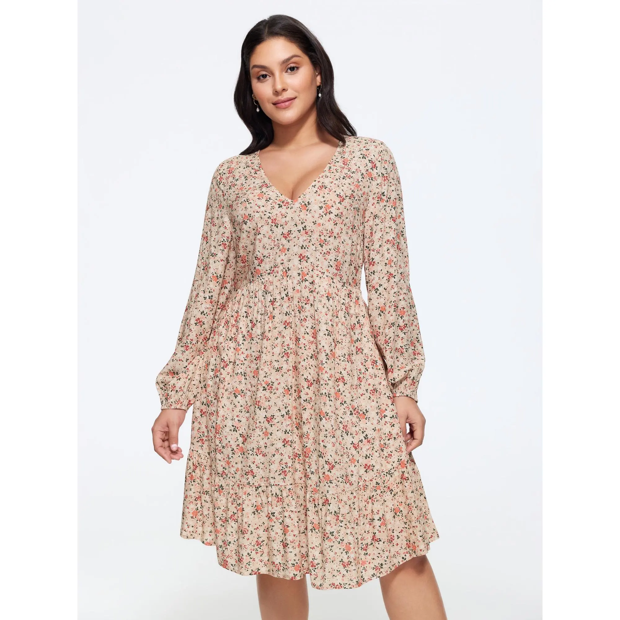 BloomChic Plus Size Ditsy Floral Print Elastic Waist Tiered Mini Dress[M-6X] Back To School,Spotlight Day