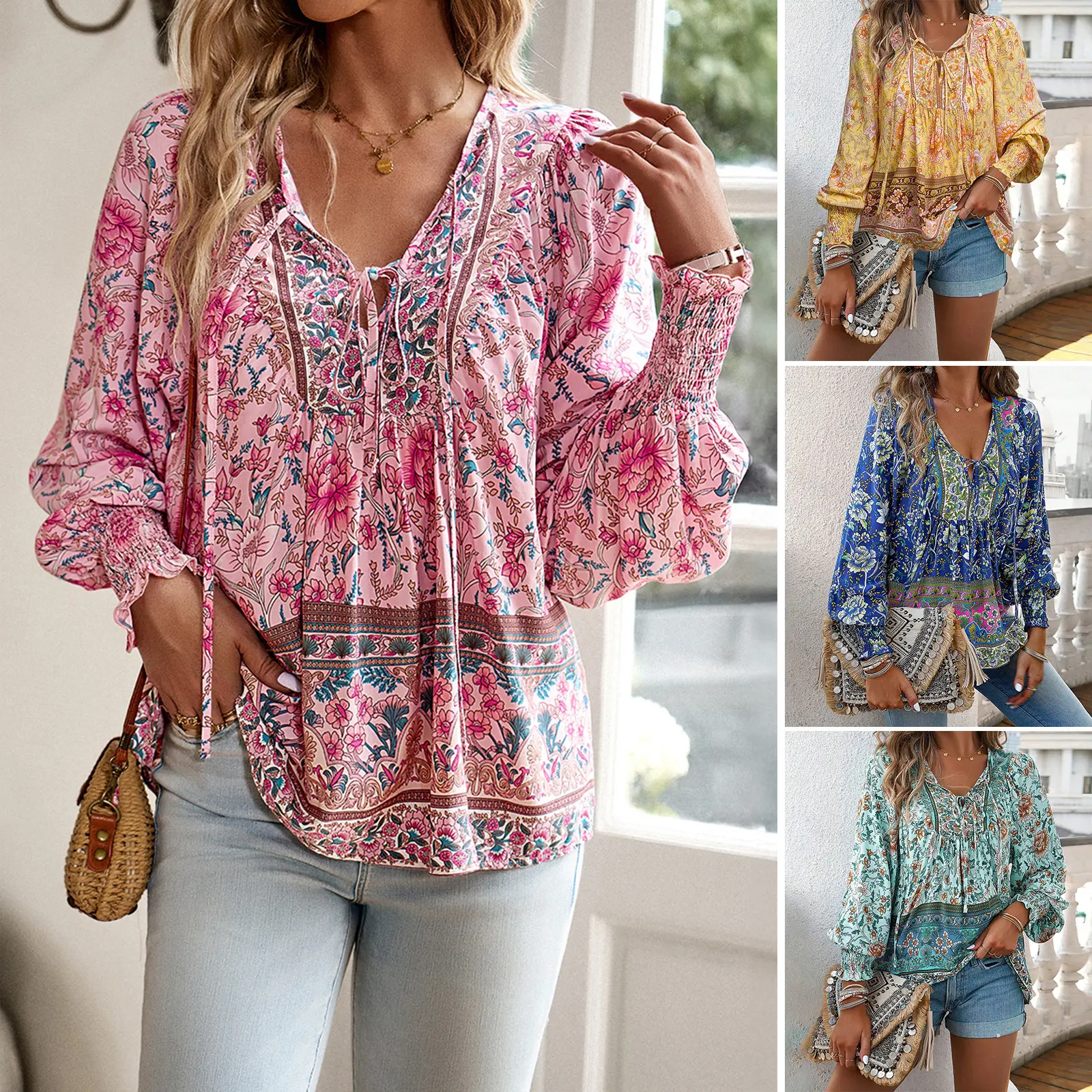 Women's Viscose Peplum Blouse - Ethnic Tribal Print, V-Neck Casual Longsleeve Top, Drawstring Mock Detail, Elegant Lady Fabric Top for Office & Outdoors