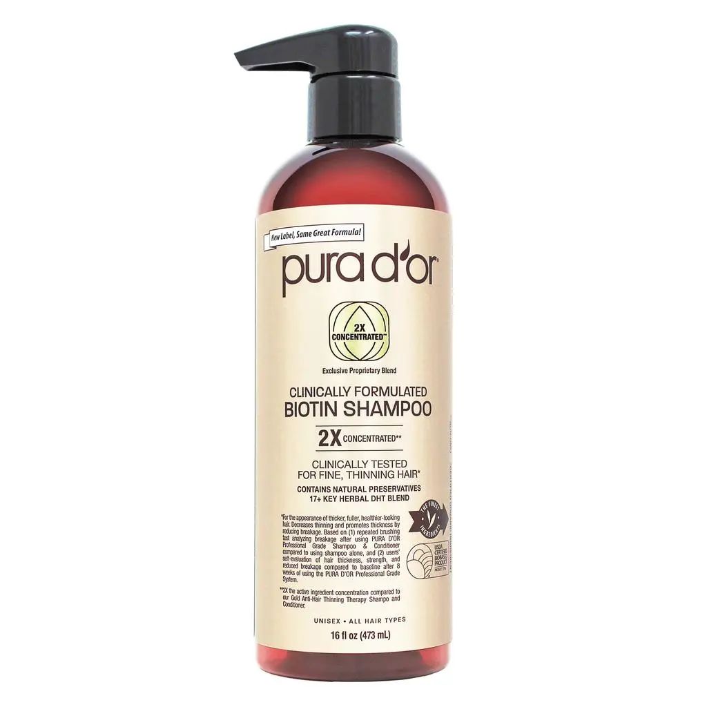 PURA D’OR Clinically Formulated Biotin Shampoo 16oz (473ml) – Thickening Shampoo for Thinning Hair, Sulfate Free Biotin Shampoo with Aloe Vera, Argan Oil & 17+ DHT Blocking Ingredients
