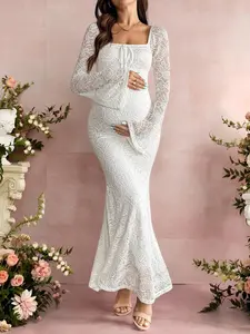 ALLITA White Flare Sleeve Lace Bodycon Fishtail Maternity Dress