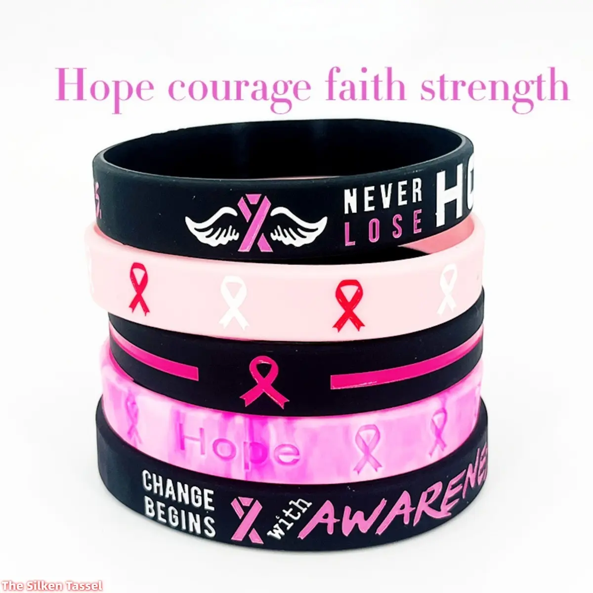 Unisex Boho Style Silicone Bands - Pink Ribbon Breast Cancer Awareness Inspirational Beaded Bracelets, 5/10/15 Multiple Packs, Bracelets Stacking, Hope Messages, DIY Bag Accessories (5 Pcs), Boho Style Bracelet, Wristbands tiktokshopbacktoschool