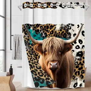 1pc hookless shower curtain with buckle lining, tan long-haired cow leopard print design, 2D flat printing, fabric waterproof lining, see-through double-layer shower curtain, 71 x 74 inches, modern home draping curtain.