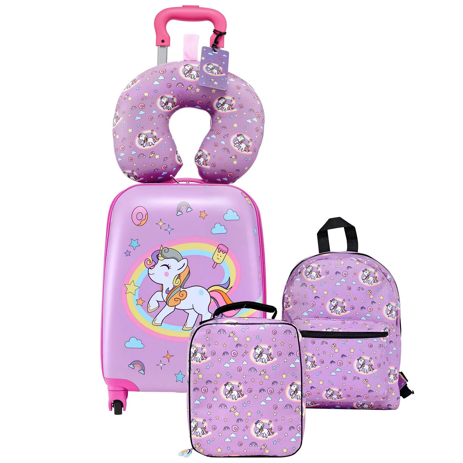 【SummerFinds】VEVOR Kids Luggage Set, 5 Piece, 18 Inch Hardside Rolling Wheels Suitcase with Backpack & U-shape Pillow, Unicorn Kids Carry on Luggage Set, Holiday Birthday Gift for Girls Boys, Airline Approved
