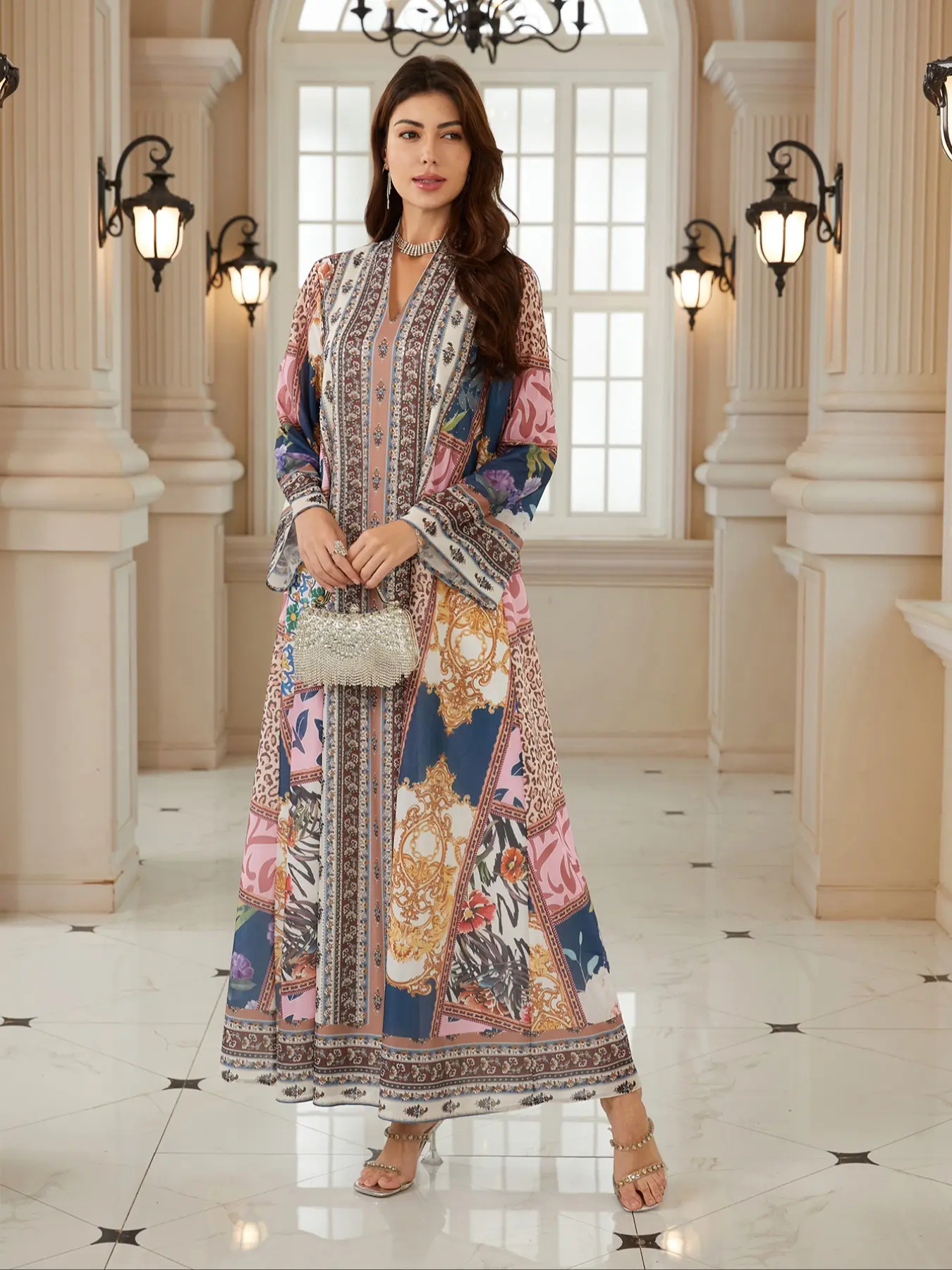 Women's New Boho Floral Embellished Print Abaya Dress, Abayas For Eid, Muslim Clothing, Muslim Dresses, Islamic Modesty Clothes, Long Loose-Fitting Jalabiya Gown for All Seasons, Arabic Kaftan Formal Evening Party Dress, Bohemian, Elegant Islamic Clothing