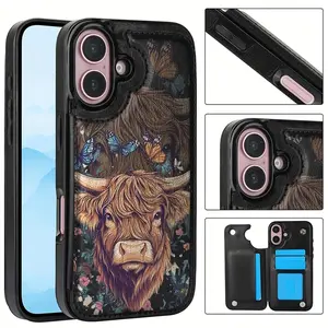 The Butterfly Flower and Yak phone case, made from durable TPU, includes card slots and offers various functional features, suitable for bank and transportation cards, and compatible with iPhone 17, 16, 15, 14, 13, 12, Samsung, and other series models.