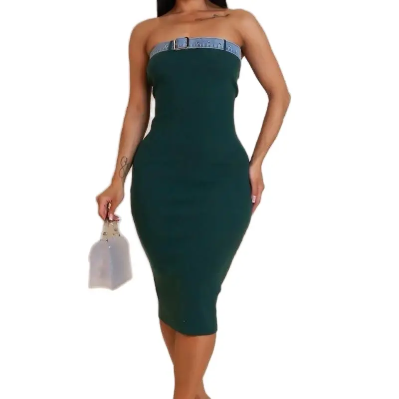 Women's Basic Green Sleeveless Viscose Blend Casual Midi Dress with Elegant Side Tie Belt for Everyday Wear, Minimalist, Anniversary, Viscose Mix, Elastane, Belted, Bodycon Cut, Pull-On Fasten, Straight Neck, Birthday