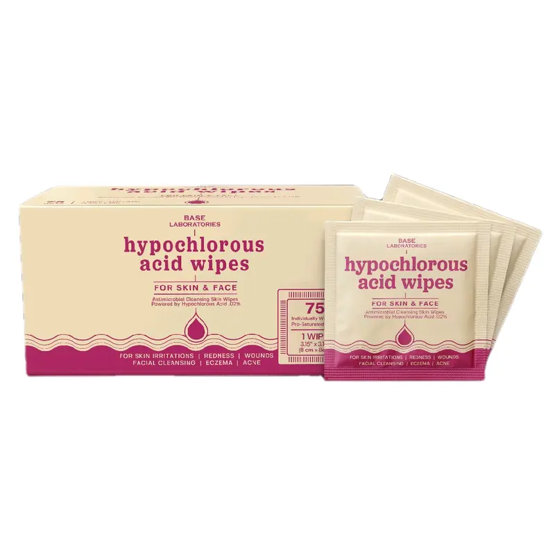 Hypochlorous Acid Wipes | Saline Solution and HOCl Infused Wound Cleaning Wipes for Skin & Face | Cleanses, Sanitizes & Soothes Skin Irritations, Fresh Piercings, Acne & Eczema | 75 Wipes Napkin
