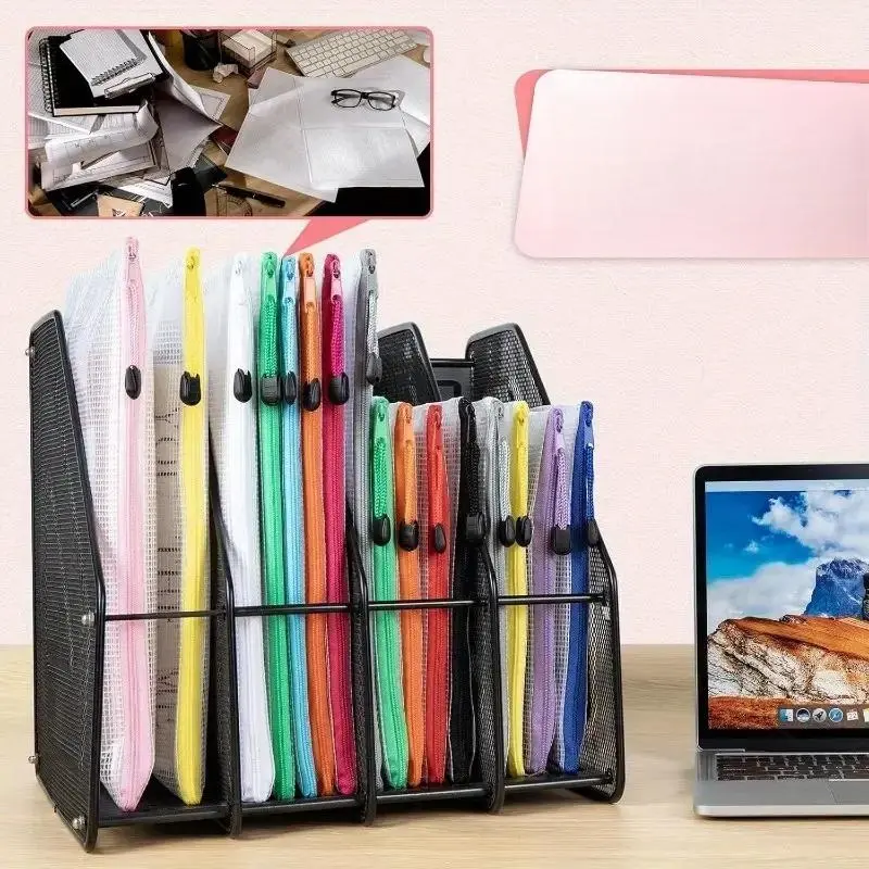 5pcs A3/A4 Heavy-Duty Plastic Zipper Document Pouch Bags, 10pcs Combo Pack Mesh Organizers File Storage Folder for Office, School and Travel Essentials