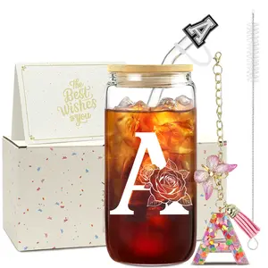 ZIOSINM Portable Letter Print Premium Thick Glass Tumblers Set with Lid and Straw - Reusable, Washable, Glass Juice Bottles , excellent for Iced Coffee, Cola, Milk Tea, Smoothies & Cocktails, Gift for Women
