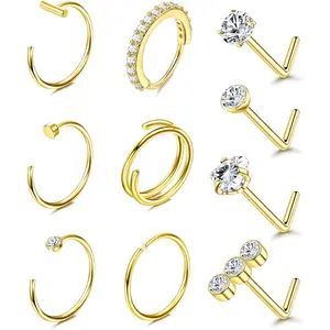MILACOLATO 14K Plated Gold Filled Nose Ring Studs 20G Nose Rings Hoops Stud 316L Stainless Steel Nose Rings Round CZ Heart L Shaped Nose Stud Hypoallergenic Nostril Piercing Jewelry for Women Men 10Pcs