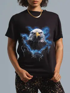 Women's T-Shirt with Distressed Bald Eagle Graphic, Casual Vintage 100% Cotton Short Sleeve Round Neck Top