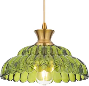 Green Glass Pendant Lights, 11.8" Vintage Brushed Gold Modern Hanging Ceiling Light for Kitchen Island Dining Room