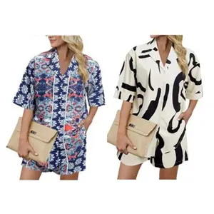 DUTUT Women's Hawaiian Style 2 Piece Tracksuit Short Sleeve Button Print Set with Comfort Collar Casual Vneck Suit Overalls Pajama