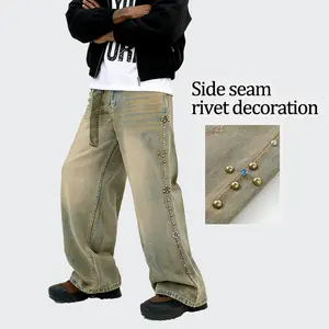 Inflation baggy pants Street Beaded Belt Washed Denim Pants Autumn New American Vintage Washed Distressed Jeans Pull On Plain Beige Pocket Casual Trouser Menswear Man Streetwear