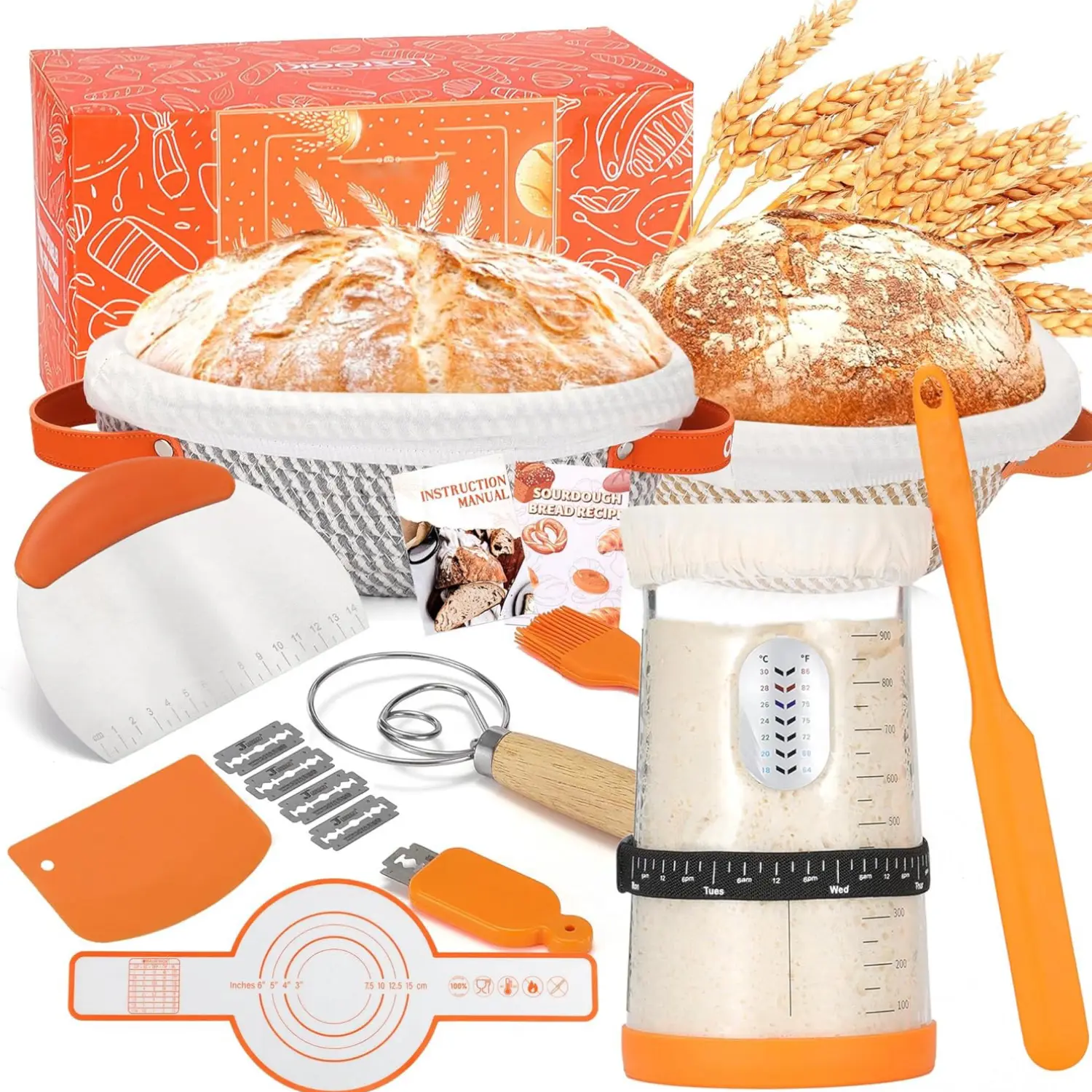 Sourbough Starter Kit, 34oz Sourbough Starter Jar, 2 Cotton Rope Banleton Bread Baskets, with Slices, Spatula, Straps, and Dough Mixer – the perfect gift for bakers! Sourbough bread baking supplies.
